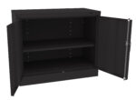 Black metal cabinet with two open doors. The interior is divided into two shelves for storage. The cabinet has a simple, industrial design and a matte finish.