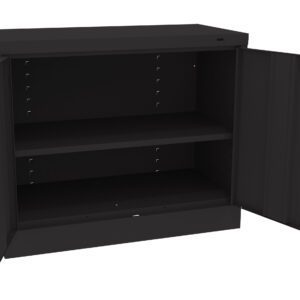 Black metal cabinet with two open doors. The interior is divided into two shelves for storage. The cabinet has a simple, industrial design and a matte finish.