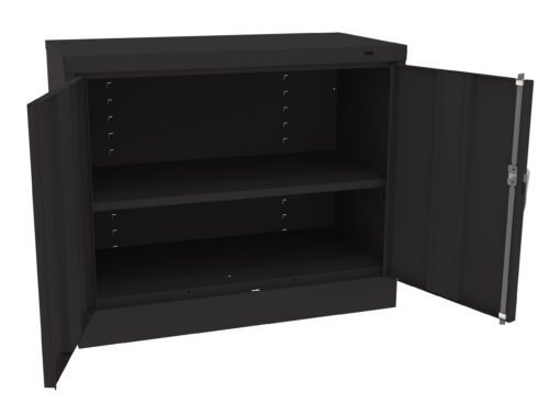 Black metal cabinet with two open doors. The interior is divided into two shelves for storage. The cabinet has a simple, industrial design and a matte finish.