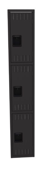 A tall, black steel locker with three stacked compartments, each featuring a rectangular handle and ventilation slots. The locker stands against a white background.