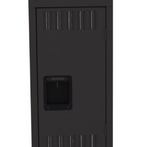 A tall, black steel locker with three stacked compartments, each featuring a rectangular handle and ventilation slots. The locker stands against a white background.