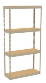 A beige metal shelving unit with four wooden shelves, designed for storage or organization. The structure is simple and sturdy, suitable for use in a garage, office, or home.