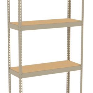 A beige metal shelving unit with four wooden shelves, designed for storage or organization. The structure is simple and sturdy, suitable for use in a garage, office, or home.