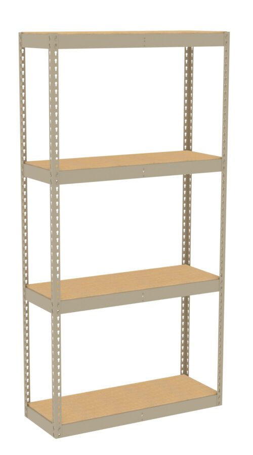 A beige metal shelving unit with four wooden shelves, designed for storage or organization. The structure is simple and sturdy, suitable for use in a garage, office, or home.
