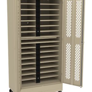 A beige metal cabinet on wheels with an open door showing multiple shelves inside. The cabinet features perforated metal on the interior side of the door and black vertical racks in the center.