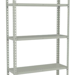A tall, empty metal shelving unit with five adjustable shelves. The unit is grey and designed for storage. The shelves are evenly spaced, and the frame has small holes for customization.