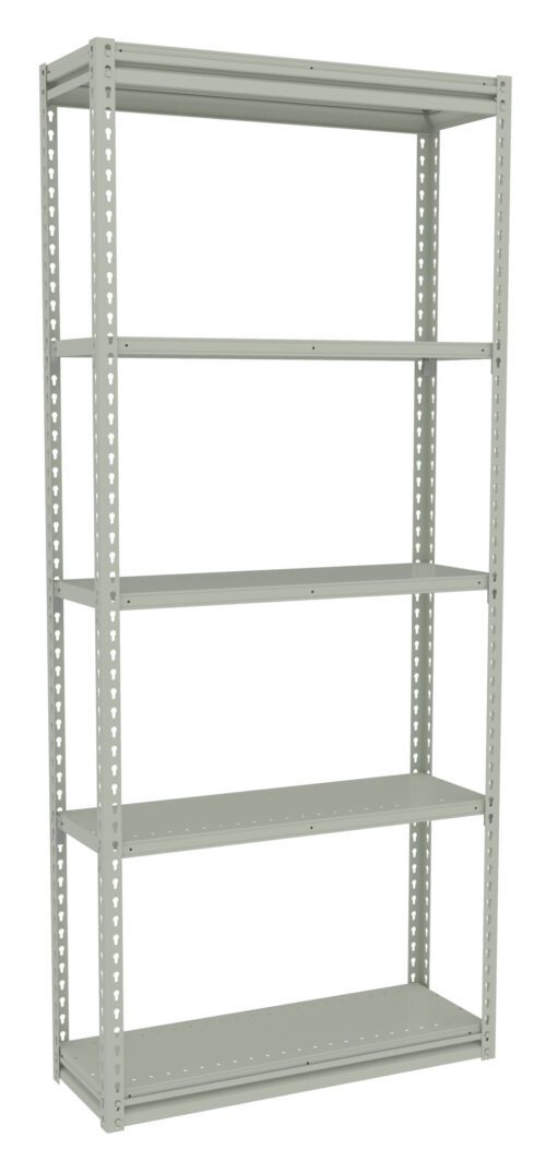 A tall, empty metal shelving unit with five adjustable shelves. The unit is grey and designed for storage. The shelves are evenly spaced, and the frame has small holes for customization.