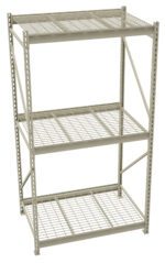 A metal shelving unit with three wire shelves. The structure is light gray, with vertical support beams and horizontal braces for stability. The shelves are evenly spaced and open, suitable for storage or organizing items.