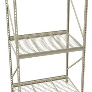 A metal shelving unit with three wire shelves. The structure is light gray, with vertical support beams and horizontal braces for stability. The shelves are evenly spaced and open, suitable for storage or organizing items.