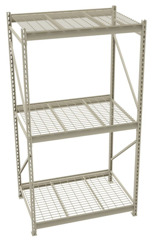 A metal shelving unit with three wire shelves. The structure is light gray, with vertical support beams and horizontal braces for stability. The shelves are evenly spaced and open, suitable for storage or organizing items.