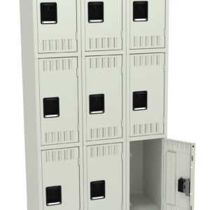 A beige metal locker with nine compartments arranged in a 3x3 grid. The locker doors have black rectangular handles. One door in the bottom row is open, revealing an empty interior.