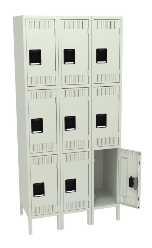 evx0q75ix1f6xr61sr7p.jpg A beige metal locker with nine compartments arranged in a 3x3 grid. The locker doors have black rectangular handles. One door in the bottom row is open, revealing an empty interior.