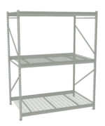 A gray industrial metal shelving unit with three levels of perforated shelves, designed for heavy-duty storage. The unit has visible side supports and crossbars for stability.