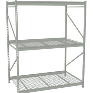 A gray industrial metal shelving unit with three levels of perforated shelves, designed for heavy-duty storage. The unit has visible side supports and crossbars for stability.