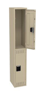 A beige metal locker with a tall, narrow design. The top compartments door is open, revealing an empty interior, while the lower compartments door is closed. Both doors have ventilation slots and rectangular handles.