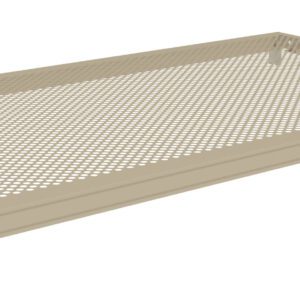 A beige metal perforated shelf with brackets at each corner, viewed from an angle. The holes in the shelf are uniformly distributed, giving it a grid-like appearance.