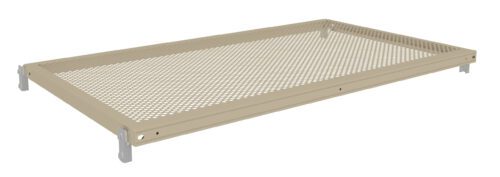 A beige metal perforated shelf with brackets at each corner, viewed from an angle. The holes in the shelf are uniformly distributed, giving it a grid-like appearance.