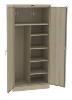 Open beige metal storage cabinet with two doors. Inside, it features multiple adjustable shelves on the right and a vertical space on the left with a rod for hanging items. The design is simple and industrial.