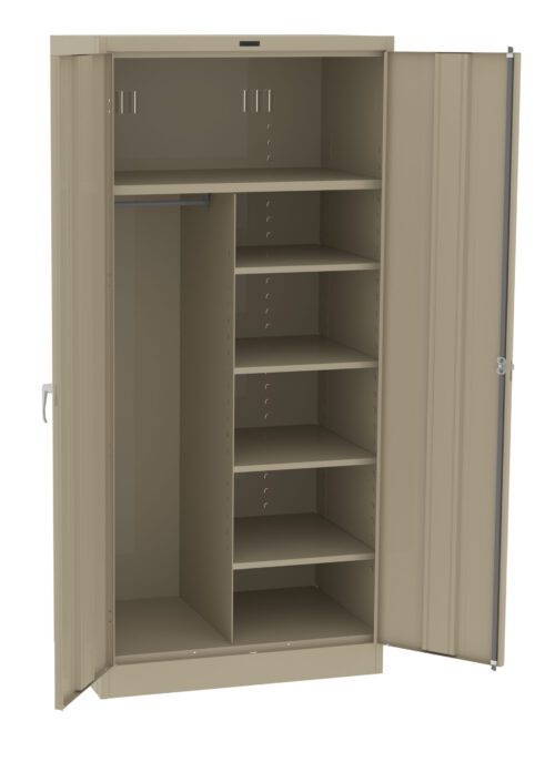 Open beige metal storage cabinet with two doors. Inside, it features multiple adjustable shelves on the right and a vertical space on the left with a rod for hanging items. The design is simple and industrial.