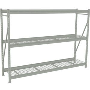 A metal shelving unit with three mesh shelves is shown standing on a white background. The shelves are supported by vertical posts with holes for adjustable height. The structure is minimalist and industrial in design.