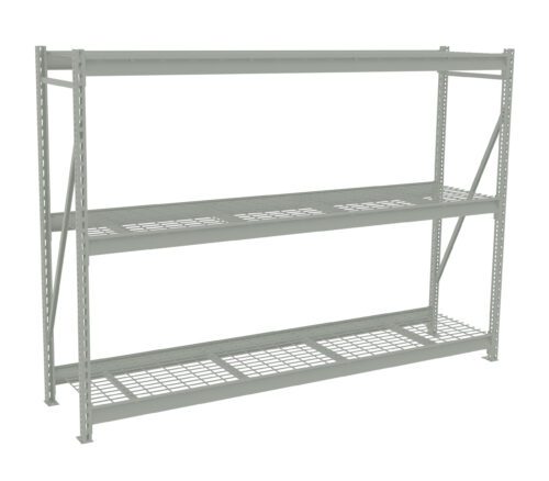 ewknkbbs6cmm35ilvrf7.jpg A metal shelving unit with three mesh shelves is shown standing on a white background. The shelves are supported by vertical posts with holes for adjustable height. The structure is minimalist and industrial in design.