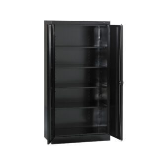 Open black metal cabinet with two doors, featuring five adjustable shelves inside. The cabinet is empty and set against a plain white background.