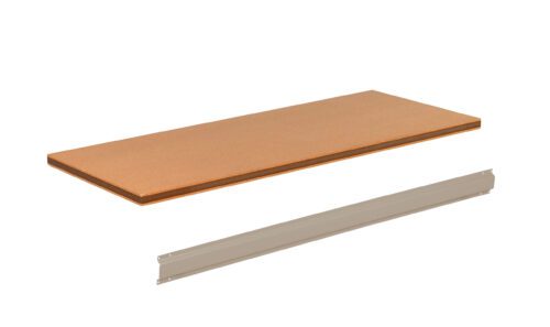 ewsvqrj5lc5o3a9kt3wi.jpg A tan rectangular wood shelf and a separate long metal bracket are displayed on a white background.
