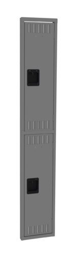 A tall, gray metal locker with two doors, one above the other. Each door has a rectangular black handle and ventilation slots. The locker is simple and industrial in design. The background is plain white.