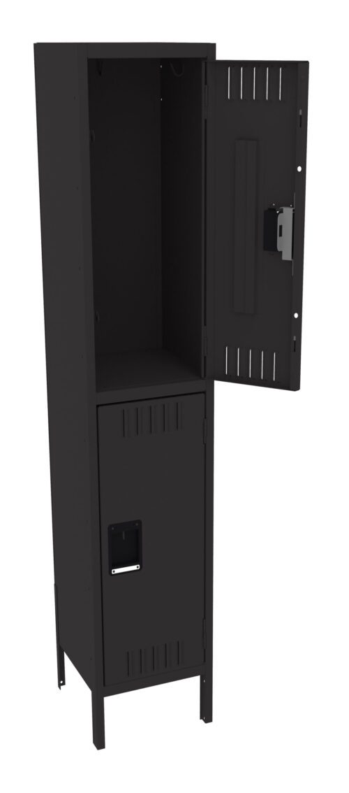 A tall, black metal locker with two vertically stacked compartments. The upper compartment door is open, revealing the empty interior. The lower compartment door is closed. Both doors have vents and the upper door has a lock.