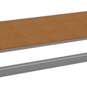 Exploded view of a table or shelf assembly. It includes a large rectangular brown panel in the center, surrounded by six metal brackets or frame pieces. The components are separated and aligned, showing how they fit together.