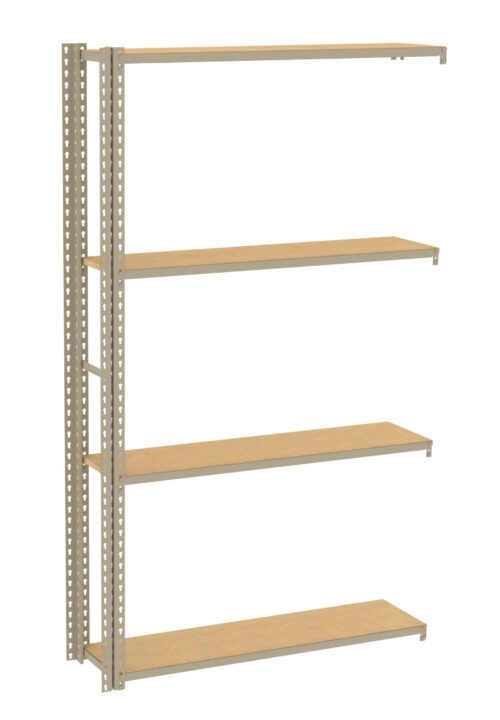 eybdzontnso7fnh0tchp.jpg A metal shelving unit with five wooden shelves. The structure is supported by metal beams on the left side, with holes for adjustable shelving. The shelves are evenly spaced and empty, against a white background.