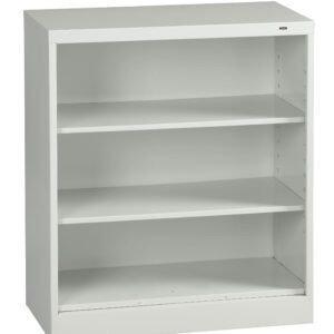 A white metal bookshelf with three open shelves. The shelves are evenly spaced and the unit has a minimalist design, suitable for storing books or decorative items. The background is plain.