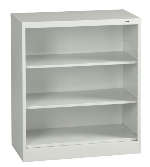 A white metal bookshelf with three open shelves. The shelves are evenly spaced and the unit has a minimalist design, suitable for storing books or decorative items. The background is plain.