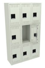 A set of gray metal lockers with a grid layout of three rows and three columns. Each locker has a black handle, and one locker in the middle row is open, revealing an empty interior.