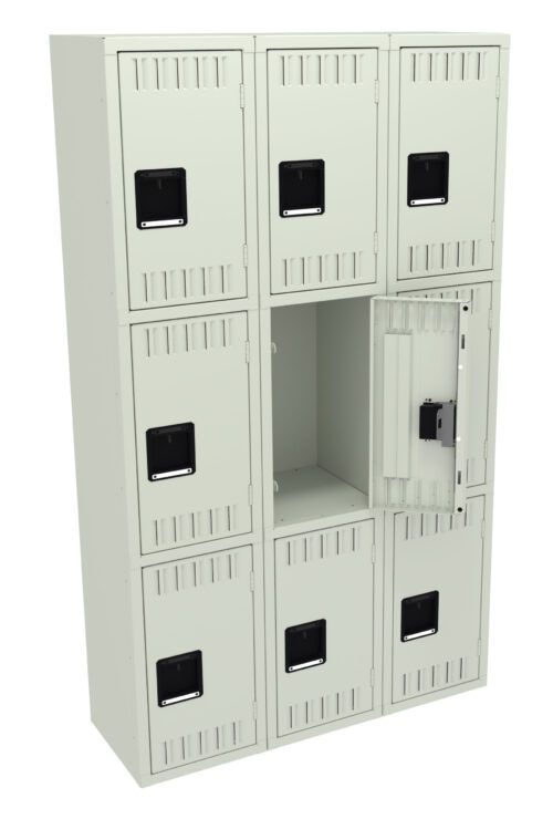 A set of gray metal lockers with a grid layout of three rows and three columns. Each locker has a black handle, and one locker in the middle row is open, revealing an empty interior.