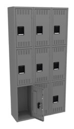 A gray metal storage locker unit with nine compartments arranged in a 3x3 grid. The bottom right compartment has its door open, revealing an empty interior. Each door features ventilation slots and a rectangular handle.