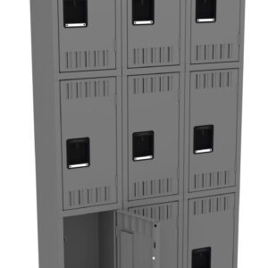 A gray metal storage locker unit with nine compartments arranged in a 3x3 grid. The bottom right compartment has its door open, revealing an empty interior. Each door features ventilation slots and a rectangular handle.