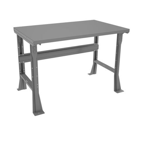 f0052tk2grsijgeaacsi.jpg Gray metal workbench with a rectangular top and sturdy, angled legs. The bench features a supportive crossbar underneath the top, and its simple design suggests durability and functionality, ideal for industrial or workshop settings.