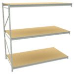 A metal-framed shelving unit with three wooden shelves. The shelves are evenly spaced and supported by vertical metal beams with holes for adjustable shelving. The unit is empty, set against a plain white background.