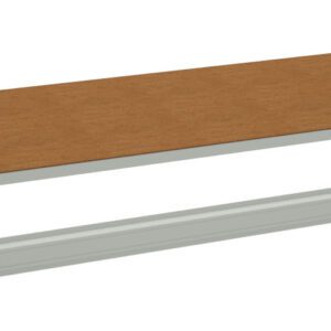 Parts of a shelving unit are spread out. A rectangular brown wooden shelf is in the center, with four metal support pieces on either side for assembly. The metal pieces include two longer and two shorter supports. All parts are unassembled.