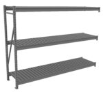 A gray metal shelving unit with three evenly spaced horizontal shelves. The structure is supported on the left side by vertical beams with perforated holes for adjustable shelving. The design is industrial and utilitarian.
