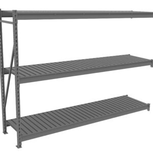 A gray metal shelving unit with three evenly spaced horizontal shelves. The structure is supported on the left side by vertical beams with perforated holes for adjustable shelving. The design is industrial and utilitarian.