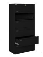 A black, five-drawer filing cabinet with two drawers partially open. The design is modern and sleek, likely made of metal, and features a lock on the top drawer.