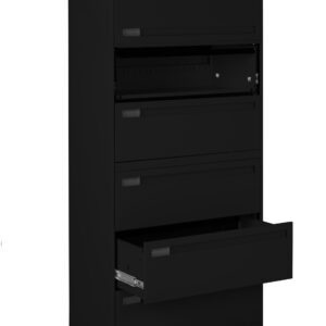 A black, five-drawer filing cabinet with two drawers partially open. The design is modern and sleek, likely made of metal, and features a lock on the top drawer.