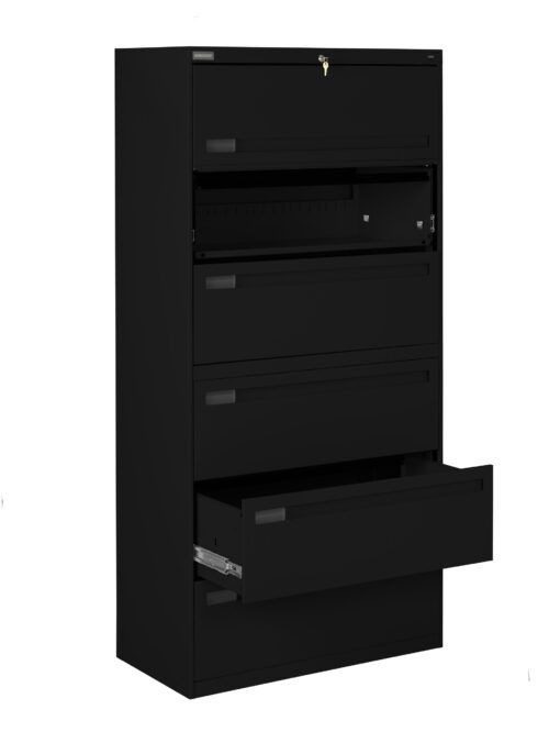 A black, five-drawer filing cabinet with two drawers partially open. The design is modern and sleek, likely made of metal, and features a lock on the top drawer.