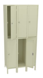 A beige metal locker unit with six compartments arranged in two rows of three. Some locker doors are open, revealing empty interiors, while others are closed. The locker stands on four legs, showing a utilitarian design.