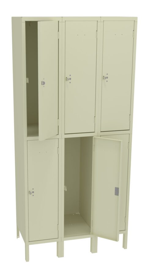A beige metal locker unit with six compartments arranged in two rows of three. Some locker doors are open, revealing empty interiors, while others are closed. The locker stands on four legs, showing a utilitarian design.