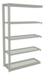 Metal five-shelf storage rack with a grey finish. Each shelf is perforated for ventilation. The structure is upright and rectangular, suitable for organizing items in garages or storage rooms.