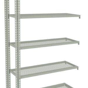 Metal five-shelf storage rack with a grey finish. Each shelf is perforated for ventilation. The structure is upright and rectangular, suitable for organizing items in garages or storage rooms.