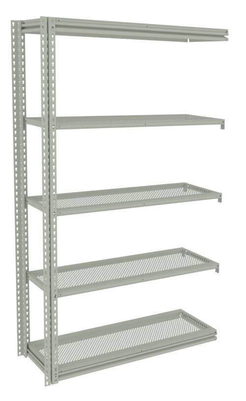Metal five-shelf storage rack with a grey finish. Each shelf is perforated for ventilation. The structure is upright and rectangular, suitable for organizing items in garages or storage rooms.